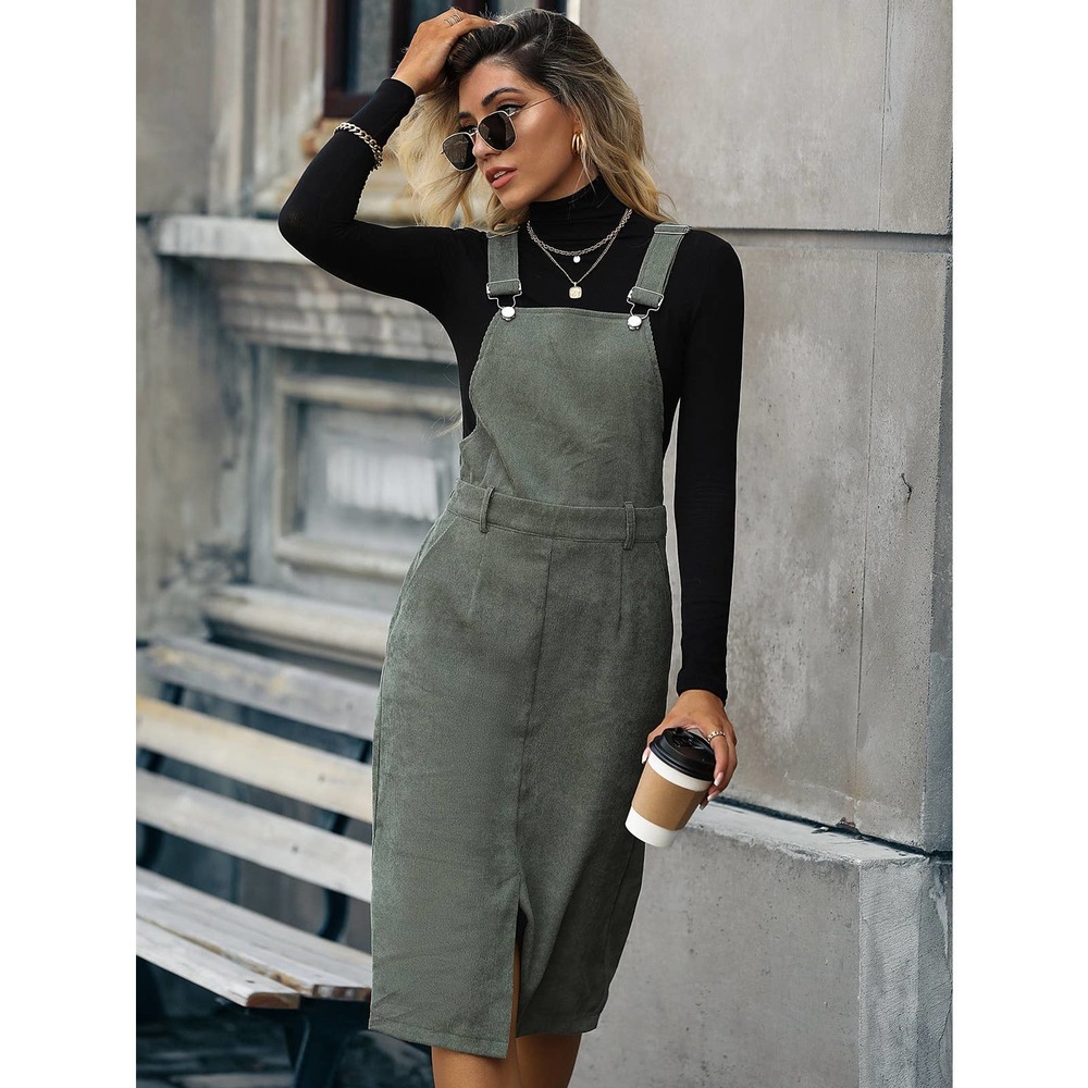 Slit Hem Corduroy Overall Dress (Without Sweater) black - Picture 4 of 12